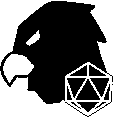  A black and white drawing of an eagle head with a d20 in front of it.